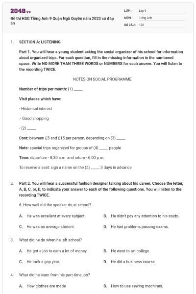 Đề thi HSG Tiếng Anh 9 Quận Ngô Quyền năm 2023 có đáp án