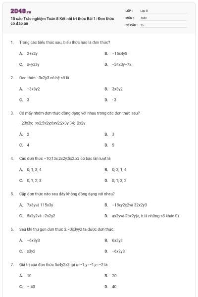 15 câu Trắc nghiệm Toán 8 Kết nối tri thức Bài 1: Đơn thức có đáp án
