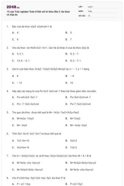 15 câu Trắc nghiệm Toán 8 Kết nối tri thức Bài 2: Đa thức có đáp án