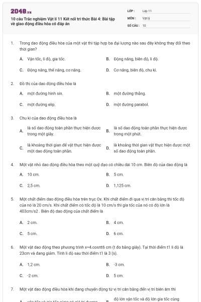 10 câu Trắc nghiệm Vật lí 11 Kết nối tri thức Bài 4: Bài tập về giao động điều hòa có đáp án