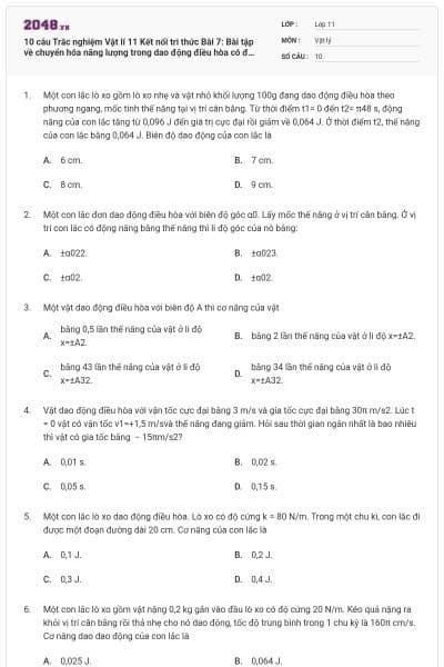 10 câu Trắc nghiệm Vật lí 11 Kết nối tri thức Bài 7: Bài tập về chuyển hóa năng lượng trong dao động điều hòa có đáp án