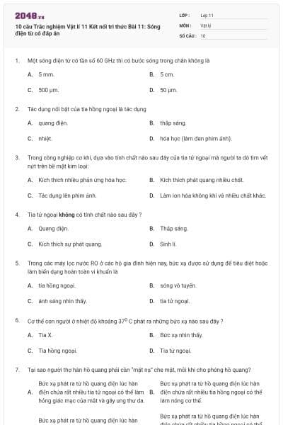 10 câu Trắc nghiệm Vật lí 11 Kết nối tri thức Bài 11: Sóng điện từ có đáp án