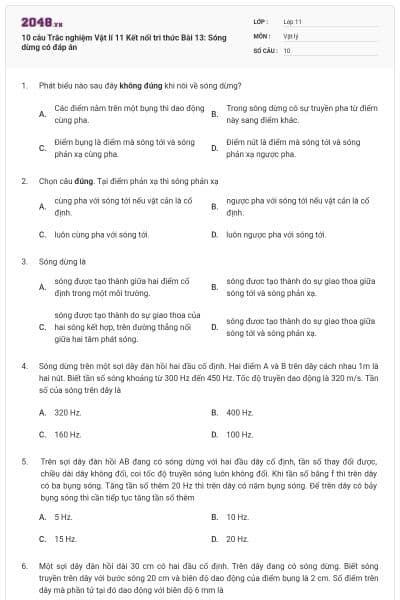 10 câu Trắc nghiệm Vật lí 11 Kết nối tri thức Bài 13: Sóng dừng có đáp án