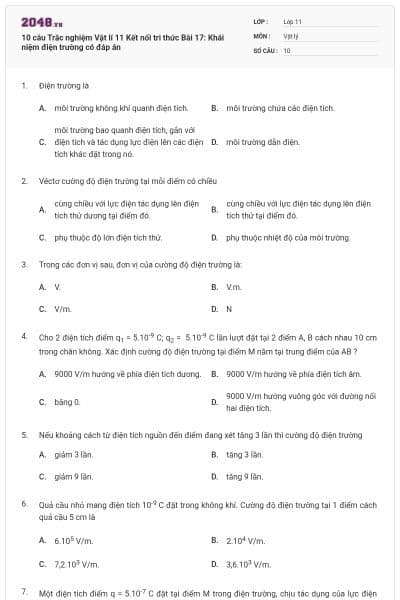 10 câu Trắc nghiệm Vật lí 11 Kết nối tri thức Bài 17: Khái niệm điện trường có đáp án