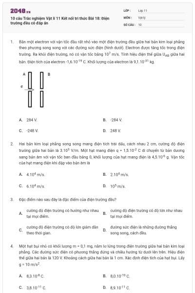 10 câu Trắc nghiệm Vật lí 11 Kết nối tri thức Bài 18: Điện trường đều có đáp án