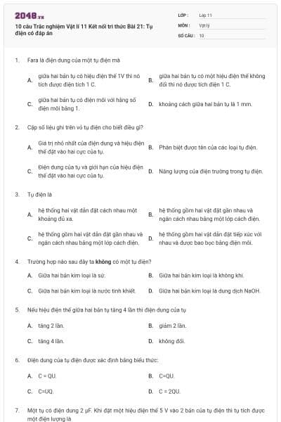 10 câu Trắc nghiệm Vật lí 11 Kết nối tri thức Bài 21: Tụ điện có đáp án