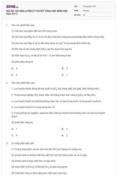 BÀI ÔN TẬP RÈN LUYỆN LÝ THUYẾT TỔNG HỢP MÔN HÓA HỌC (P11)