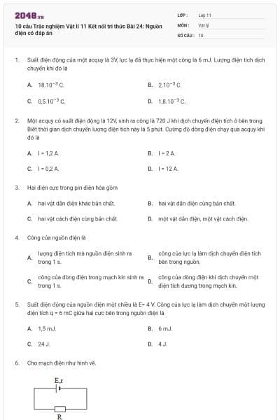 10 câu Trắc nghiệm Vật lí 11 Kết nối tri thức Bài 24: Nguồn điện có đáp án