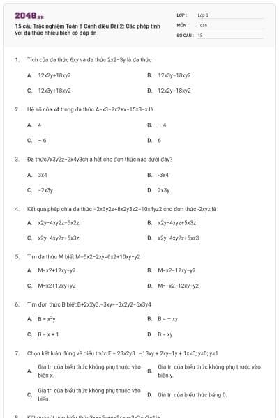 15 câu Trắc nghiệm Toán 8 Cánh diều Bài 2: Các phép tính với đa thức nhiều biến có đáp án