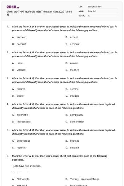 Đề thi thử THPT Quốc Gia môn Tiếng anh năm 2020 (Đề số 4)