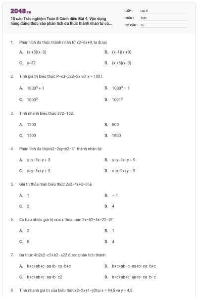 15 câu Trắc nghiệm Toán 8 Cánh diều Bài 4: Vận dụng hằng đẳng thức vào phân tích đa thức thành nhân tử có đáp án