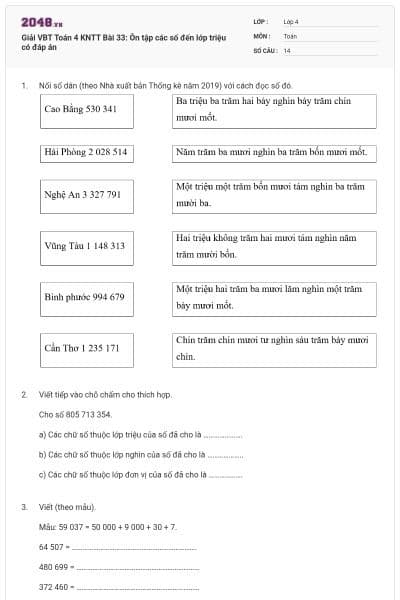 Giải VBT Toán 4 KNTT Bài 33: Ôn tập các số đến lớp triệu có đáp án