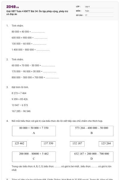 Giải VBT Toán 4 KNTT Bài 34: Ôn tập phép cộng, phép trừ có đáp án