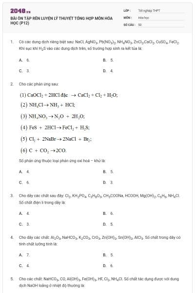 BÀI ÔN TẬP RÈN LUYỆN LÝ THUYẾT TỔNG HỢP MÔN HÓA HỌC (P12)