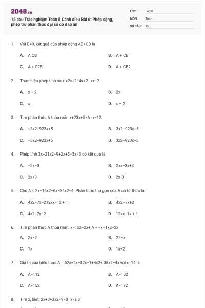 15 câu Trắc nghiệm Toán 8 Cánh diều Bài 6: Phép cộng, phép trừ phân thức đại số có đáp án