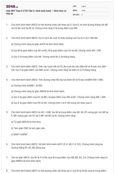 Giải SBT Toán 8 CTST Bài 4. Hình bình hành – Hình thoi có đáp án