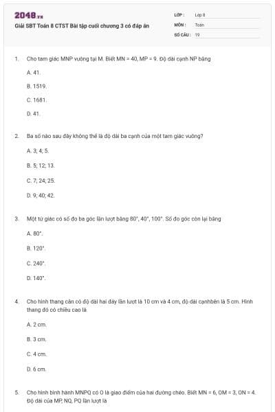 Giải SBT Toán 8 CTST Bài tập cuối chương 3 có đáp án