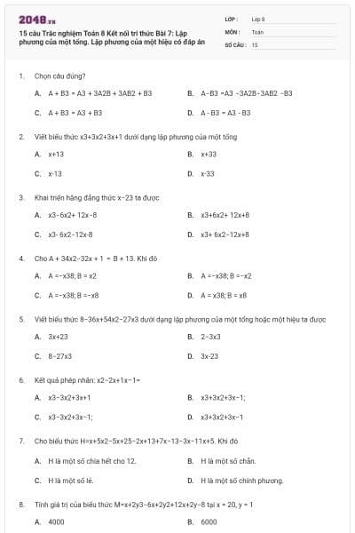 15 câu Trắc nghiệm Toán 8 Kết nối tri thức Bài 7: Lập phương của một tổng. Lập phương của một hiệu có đáp án