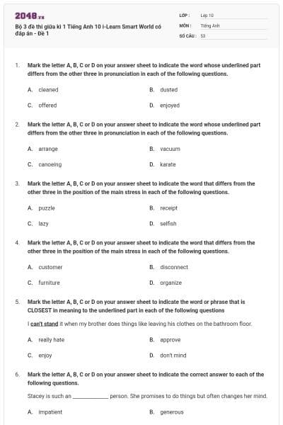Bộ 3 đề thi giữa kì 1 Tiếng Anh 10 i-Learn Smart World có đáp án - Đề 1
