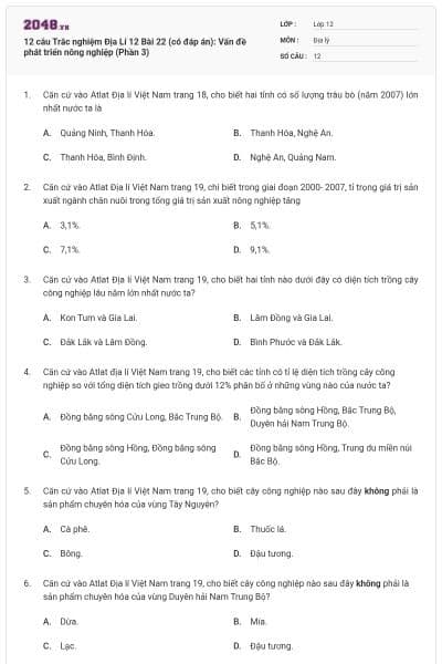 12 câu Trắc nghiệm Địa Lí 12 Bài 22 (có đáp án): Vấn đề phát triển nông nghiệp (Phần 3)