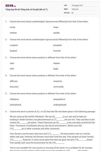 Tổng hợp đề thi Tiếng Anh có lời giải (Đề số 7)