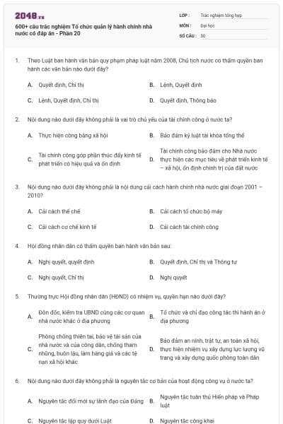 600+ câu trắc nghiệm Tổ chức quản lý hành chính nhà nước có đáp án - Phần 20
