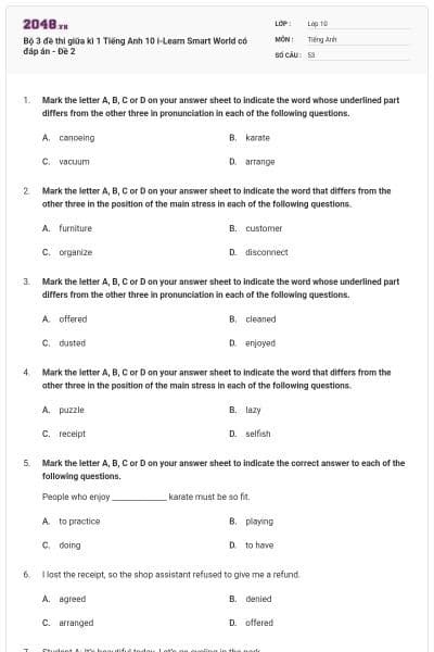 Bộ 3 đề thi giữa kì 1 Tiếng Anh 10 i-Learn Smart World có đáp án - Đề 2