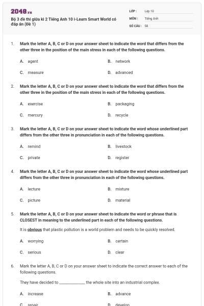 Bộ 3 đề thi giữa kì 2 Tiếng Anh 10 i-Learn Smart World có đáp án (Đề 1)