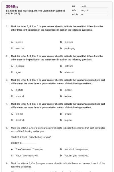 Bộ 3 đề thi giữa kì 2 Tiếng Anh 10 i-Learn Smart World có đáp án (Đề 2)