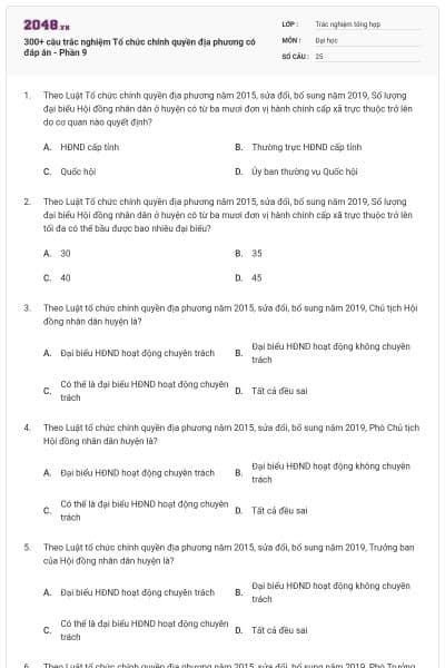 300+ câu trắc nghiệm Tổ chức chính quyền địa phương có đáp án - Phần 9