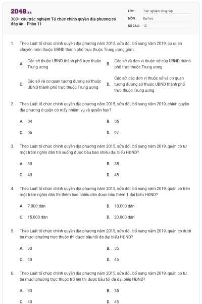 300+ câu trắc nghiệm Tổ chức chính quyền địa phương có đáp án - Phần 11