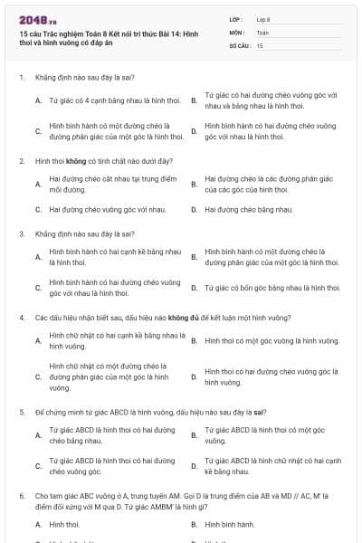 15 câu Trắc nghiệm Toán 8 Kết nối tri thức Bài 14: Hình thoi và hình vuông có đáp án