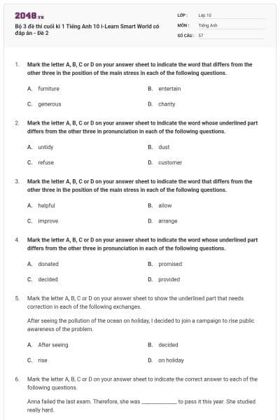 Bộ 3 đề thi cuối kì 1 Tiếng Anh 10 i-Learn Smart World có đáp án - Đề 2
