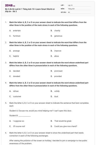 Bộ 3 đề thi cuối kì 1 Tiếng Anh 10 i-Learn Smart World có đáp án - Đề 3