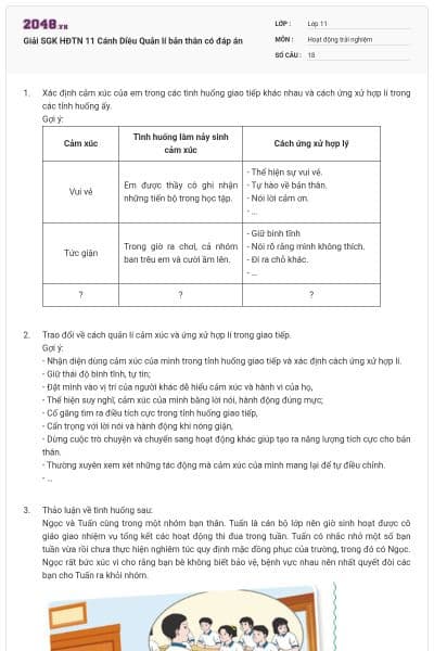 Giải SGK HĐTN 11 Cánh Diều Quản lí bản thân có đáp án