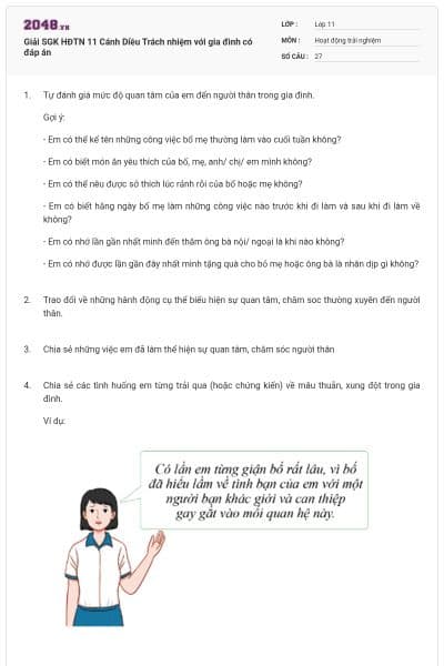 Giải SGK HĐTN 11 Cánh Diều Trách nhiệm với gia đình có đáp án