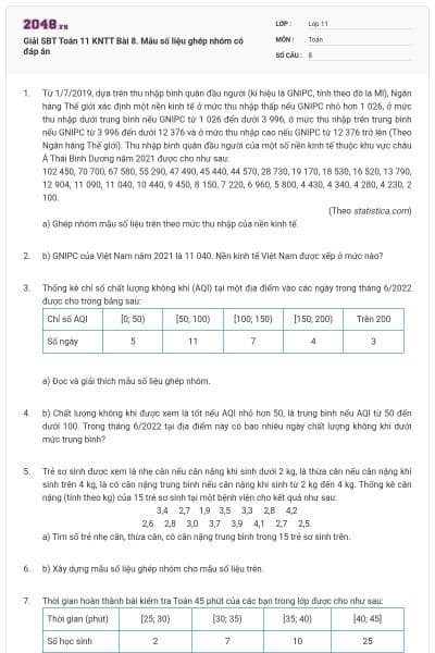 Giải SBT Toán 11 KNTT Bài 8. Mẫu số liệu ghép nhóm có đáp án