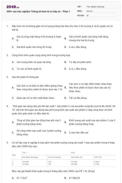 300+ câu trắc nghiệm Thống kê kinh tế có đáp án - Phần 1