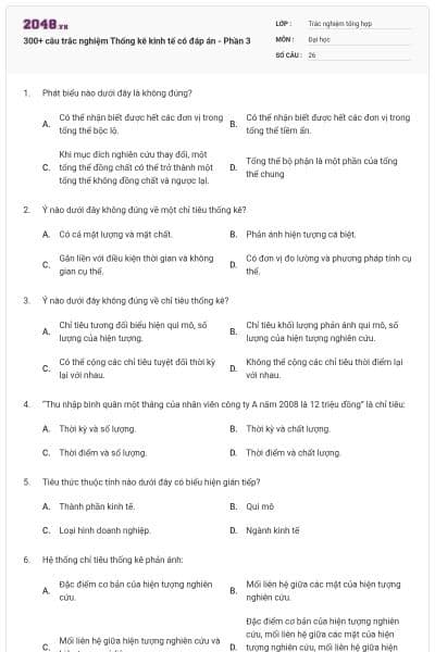 300+ câu trắc nghiệm Thống kê kinh tế có đáp án - Phần 3