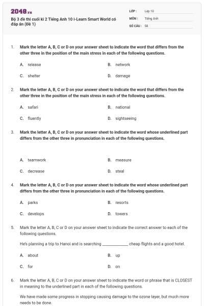 Bộ 3 đề thi cuối kì 2 Tiếng Anh 10 i-Learn Smart World có đáp án (Đề 1)
