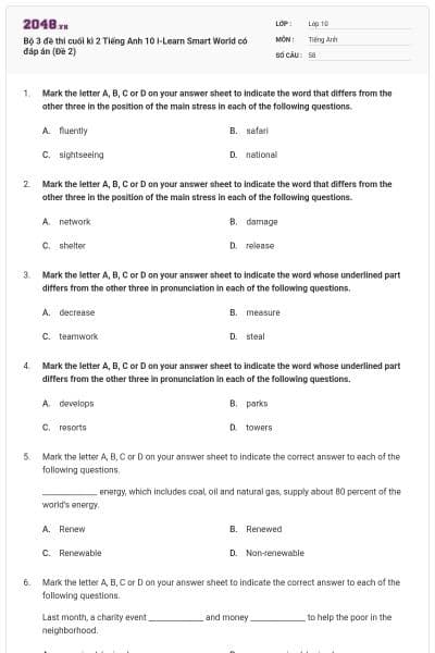 Bộ 3 đề thi cuối kì 2 Tiếng Anh 10 i-Learn Smart World có đáp án (Đề 2)