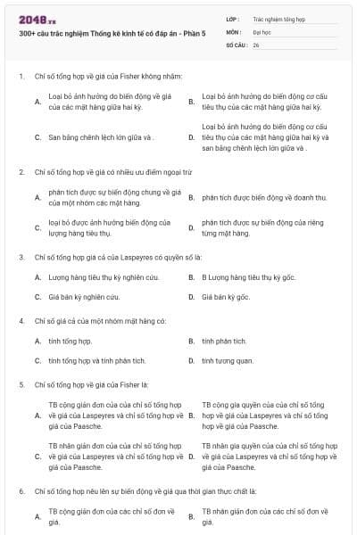 300+ câu trắc nghiệm Thống kê kinh tế có đáp án - Phần 5