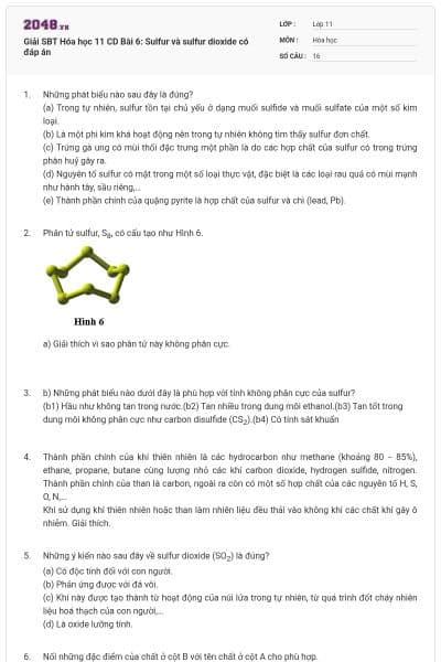 Giải SBT Hóa học 11 CD Bài 6: Sulfur và sulfur dioxide có đáp án
