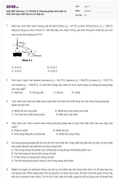 Giải SBT Hóa học 11 CD Bài 9: Phương pháp tách biệt và tinh chế hợp chất hữu cơ có đáp án