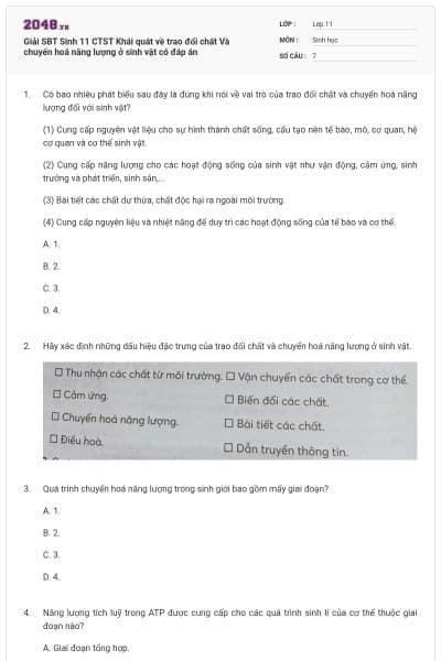Giải SBT Sinh 11 CTST Khái quát về trao đổi chất Và chuyển hoá năng lượng ở sinh vật có đáp án