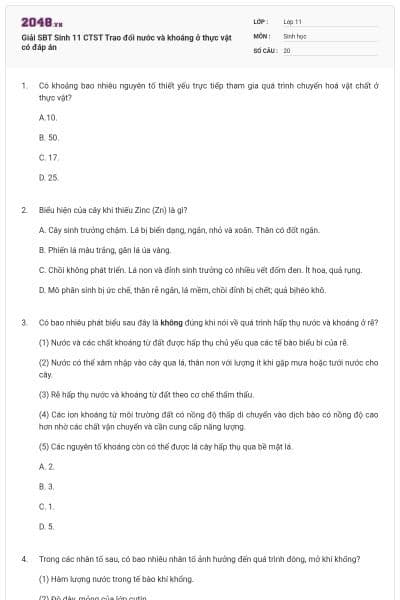 Giải SBT Sinh 11 CTST Trao đổi nước và khoáng ở thực vật có đáp án