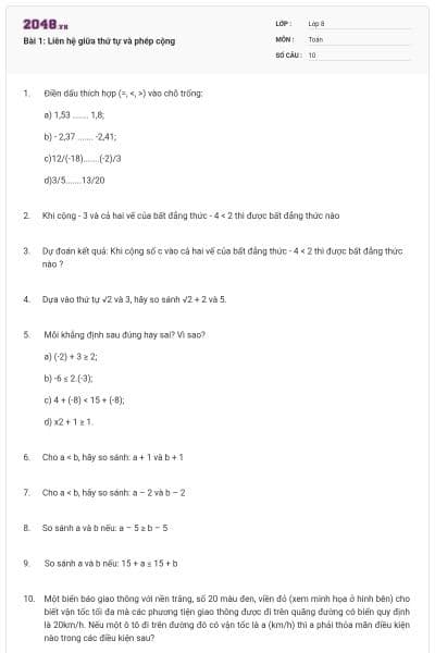 Bài 1: Liên hệ giữa thứ tự và phép cộng