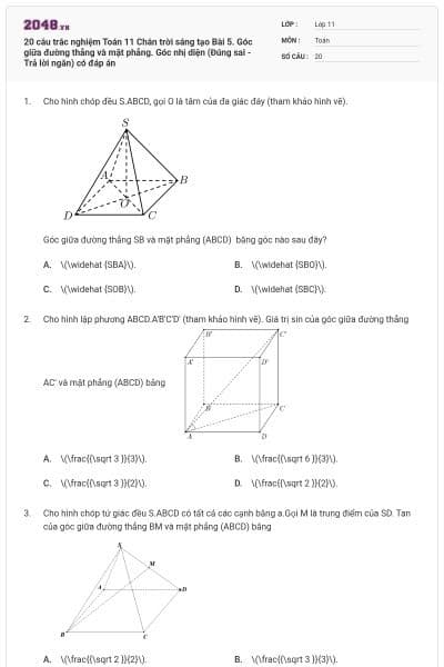 20 câu trắc nghiệm Toán 11 Chân trời sáng tạo Bài 5. Góc giữa đường thẳng và mặt phẳng. Góc nhị diện (Đúng sai - Trả lời ngắn) có đáp án