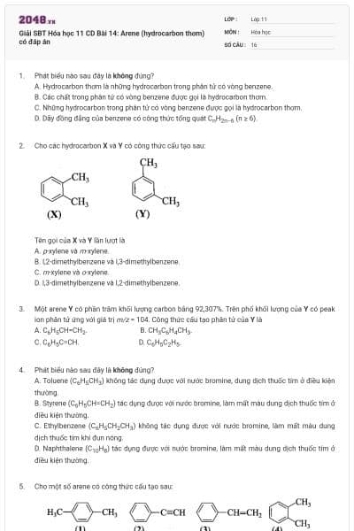 Giải SBT Hóa học 11 CD Bài 14: Arene (hydrocarbon thơm) có đáp án
