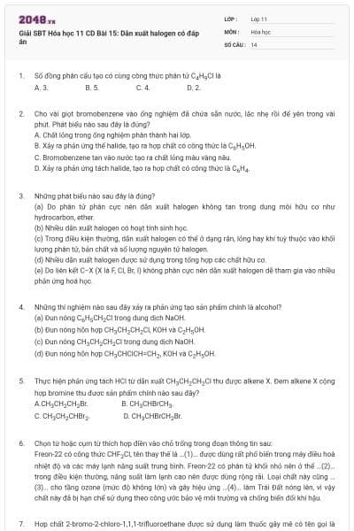 Giải SBT Hóa học 11 CD Bài 15: Dẫn xuất halogen có đáp án
